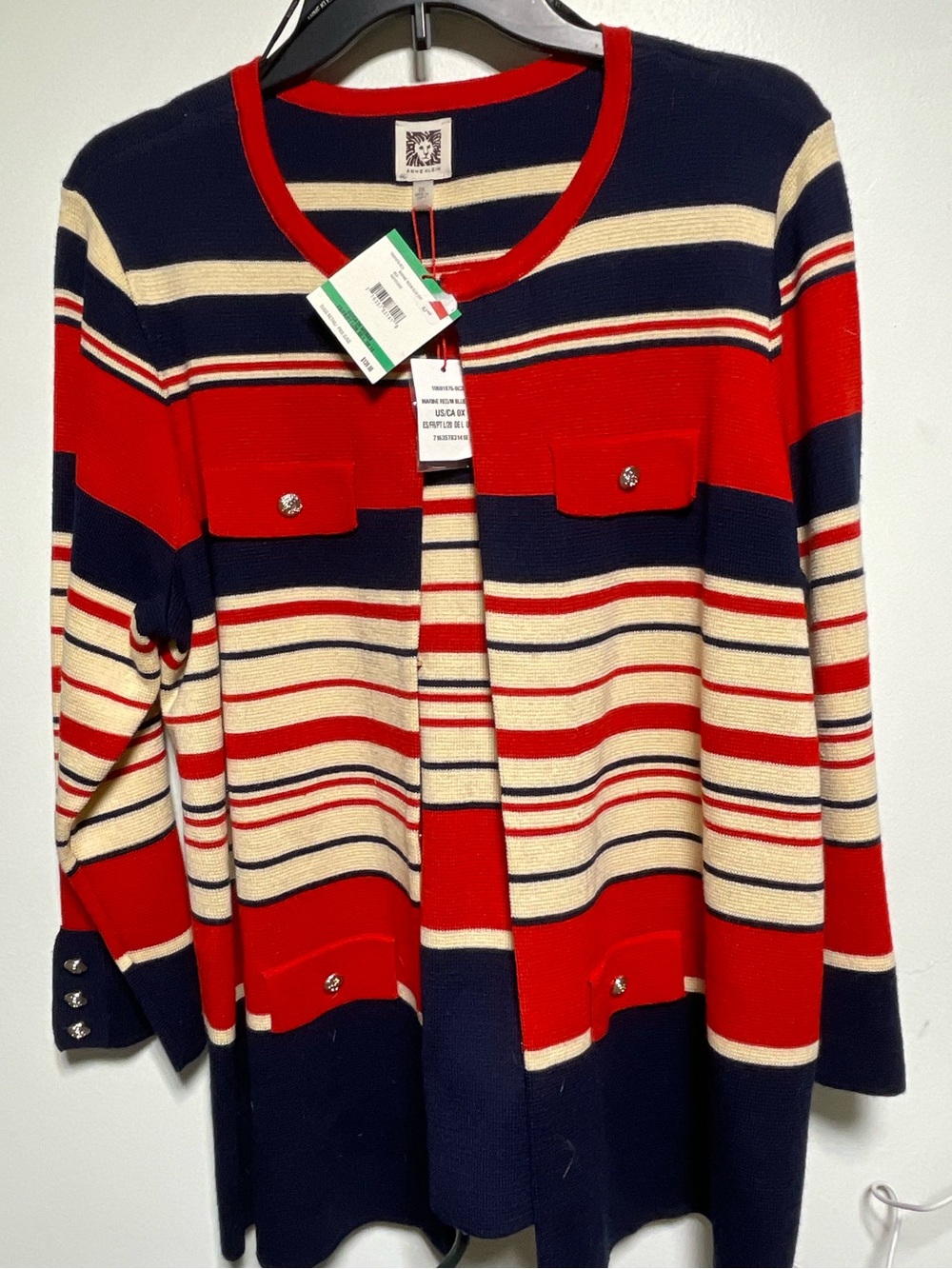 Anne Klein Red Navy Cream Striped Cardigan Sweater